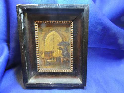 Antique Church scene miniature oil on wood painting